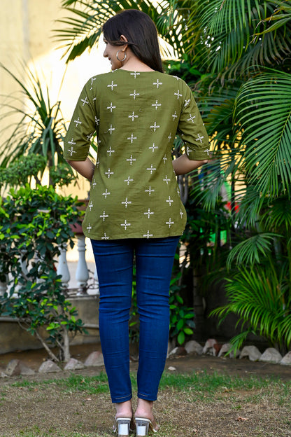 Olive Cotton Embroidered Top