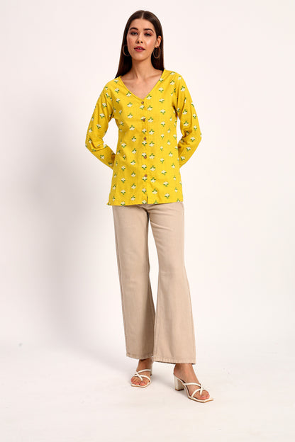 Yellow Floral Print V Neck Shirt