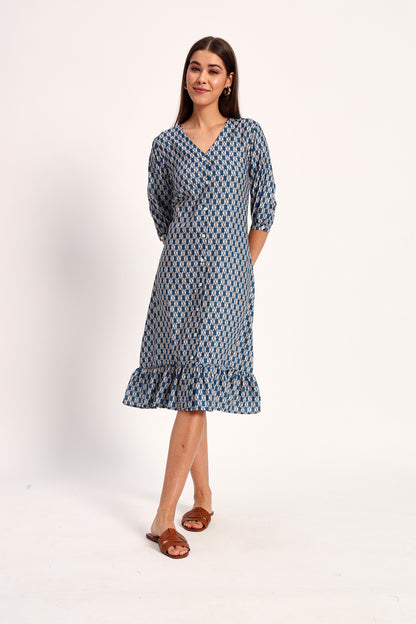 Navy Blue Printed A-line Dress