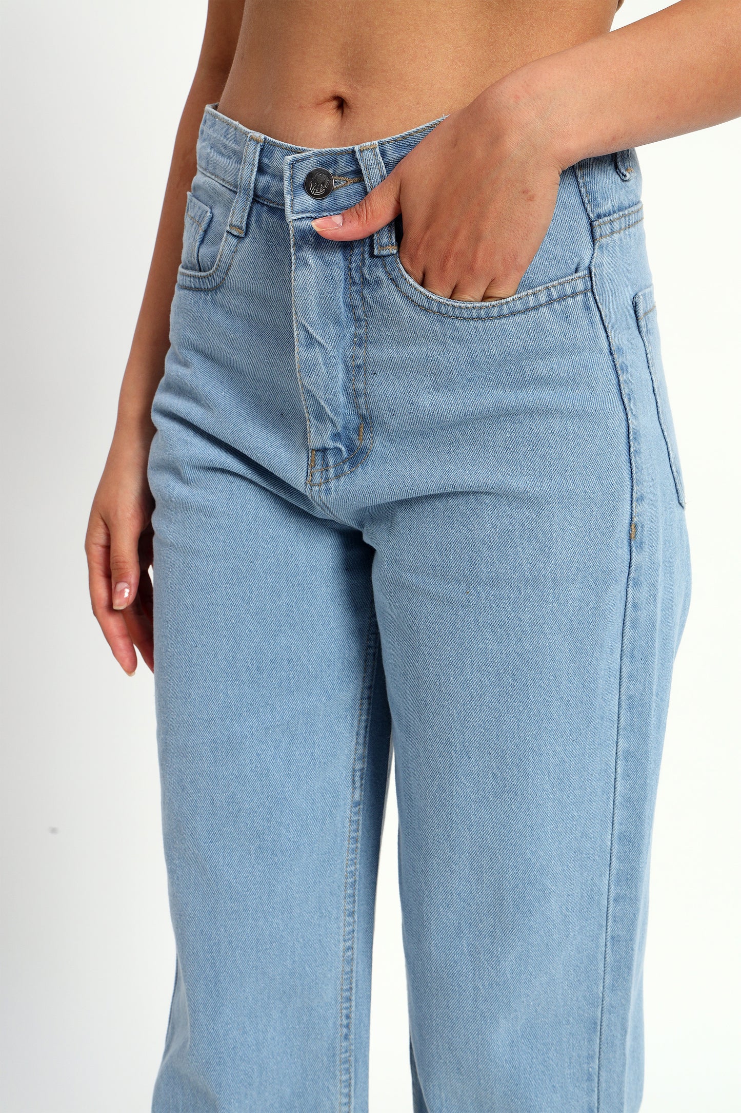 Blue Denim Straight Fit Wide Leg Jeans