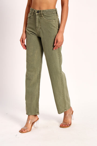 Olive Green Straight Fit Wide Leg Jeans