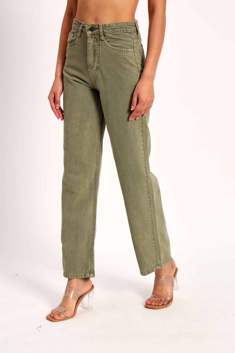 Olive Green Straight Fit Wide Leg Jeans