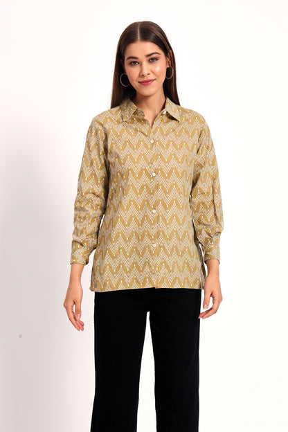 Khaki Zigzag Print Linen Shirt