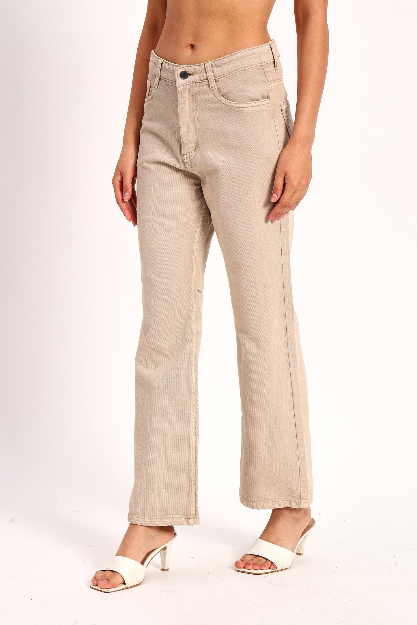 Beige Straight Fit Wide Leg Jeans