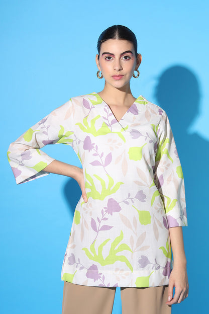 Leafy Printed Linen V-Neck Tunic