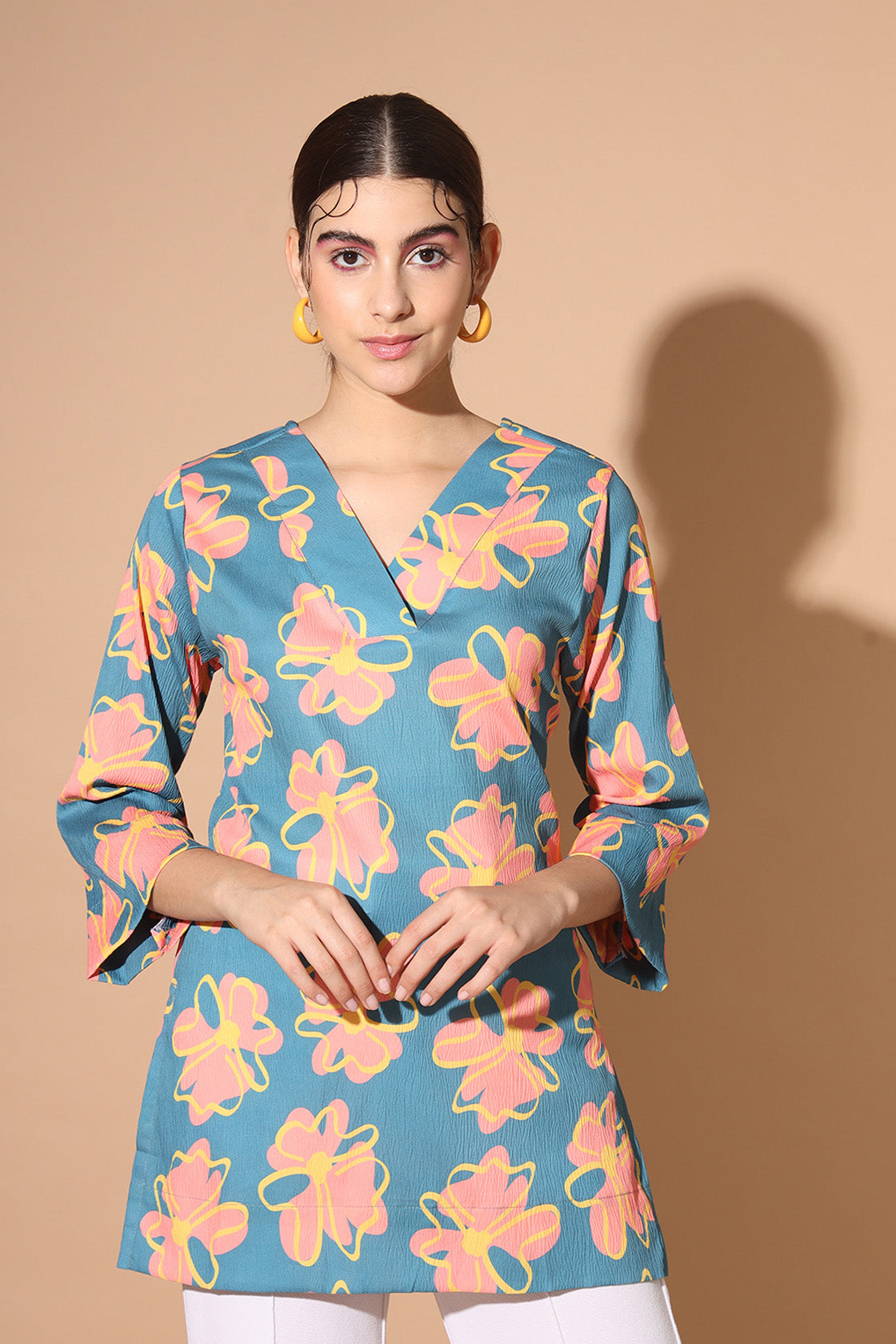 Floral V-Neck Wrinkled Tunic