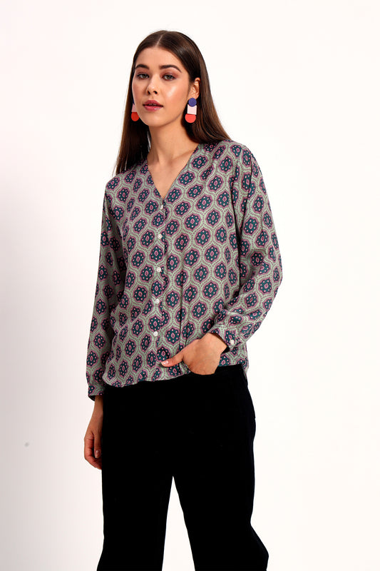 Light Olive Ajrak Print Shirt