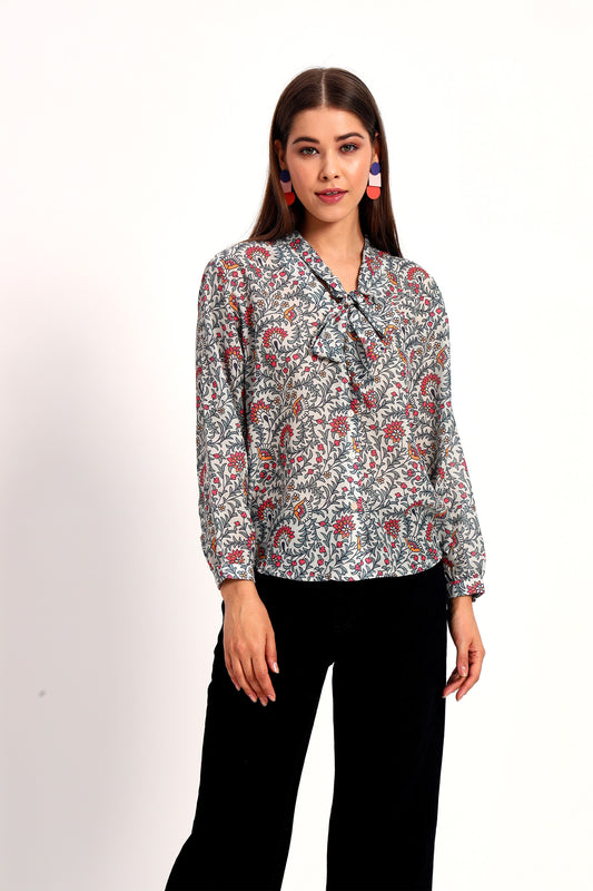 Damask Floral Print Bow Shirt