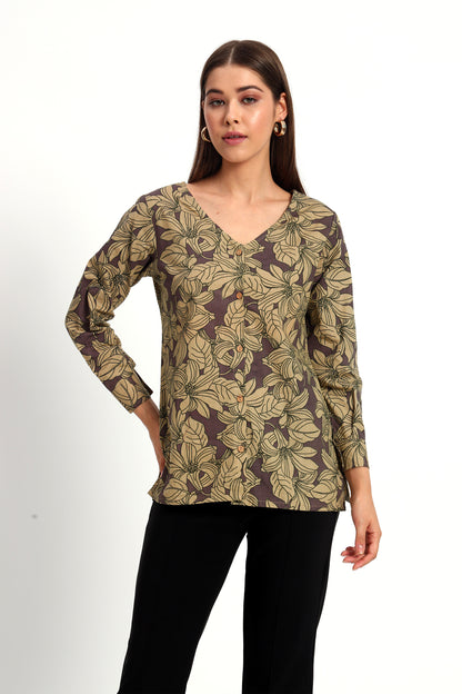 Dusty Plum Floral V Neck Shirt