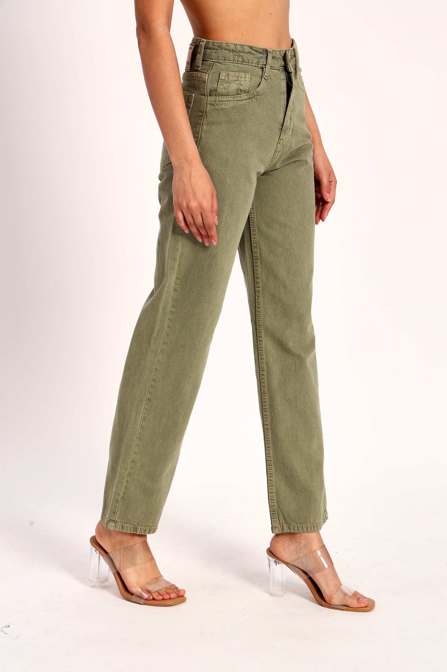 Olive Green Straight Fit Wide Leg Jeans