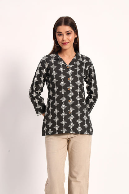 Black Tribal Print Lapel Collar Shirt