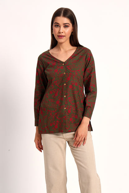 Olive V Neck Printed Shirt