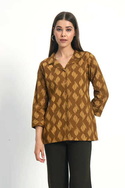 Brown Printed Lapel Collar Shirt