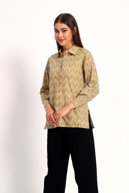 Khaki Zigzag Print Linen Shirt