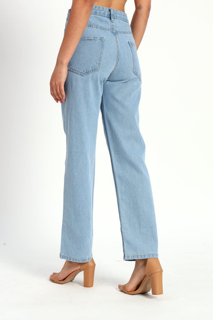 Blue Denim Straight Fit Wide Leg Jeans