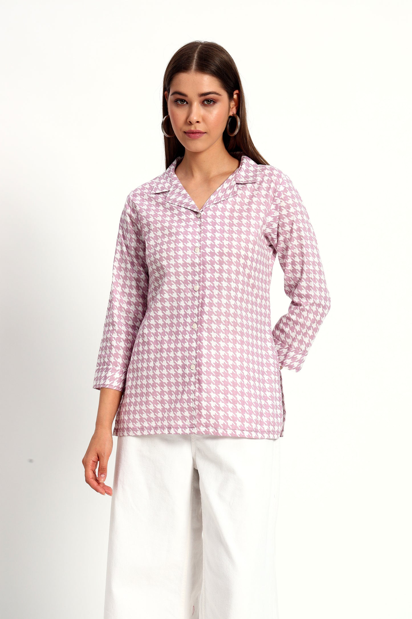 Lilac Houndstooth Lapel Collar Shirt