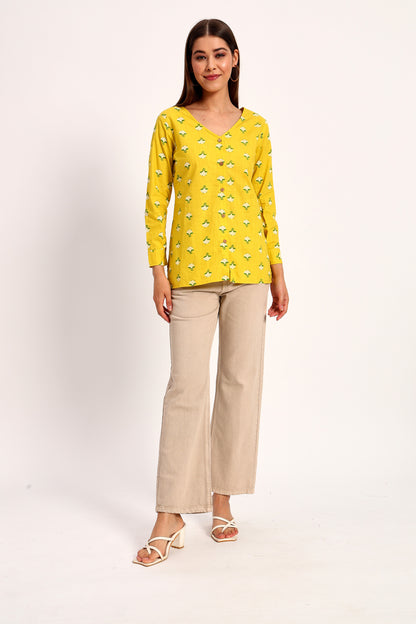 Yellow Floral Print V Neck Shirt