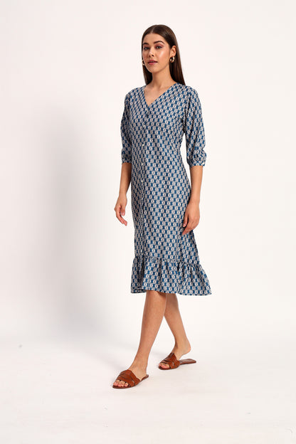 Navy Blue Printed A-line Dress