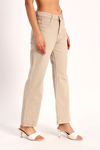 Beige Straight Fit Wide Leg Jeans