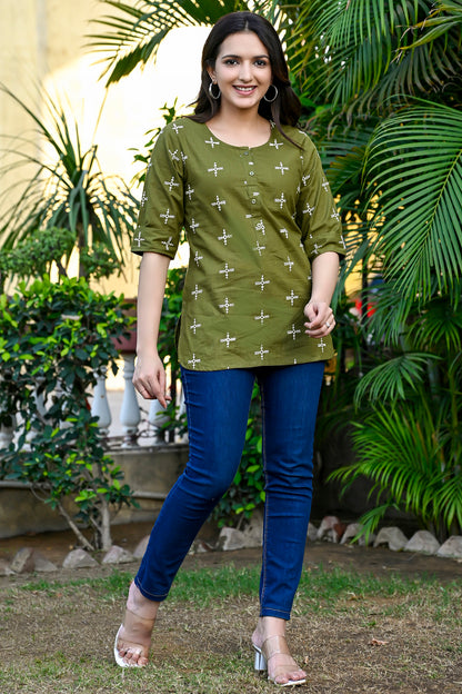 Olive Cotton Embroidered Top