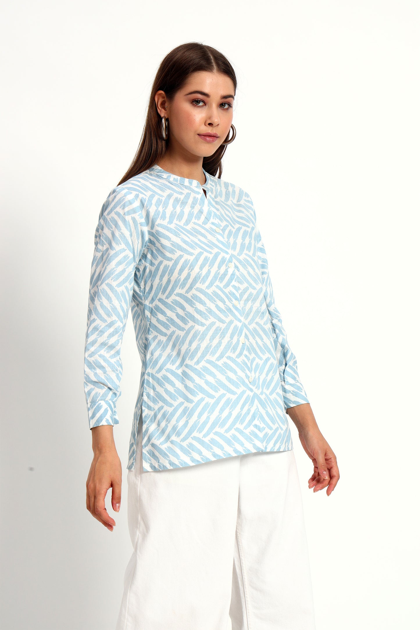 Printed Blue Mandarin Collar Shirt