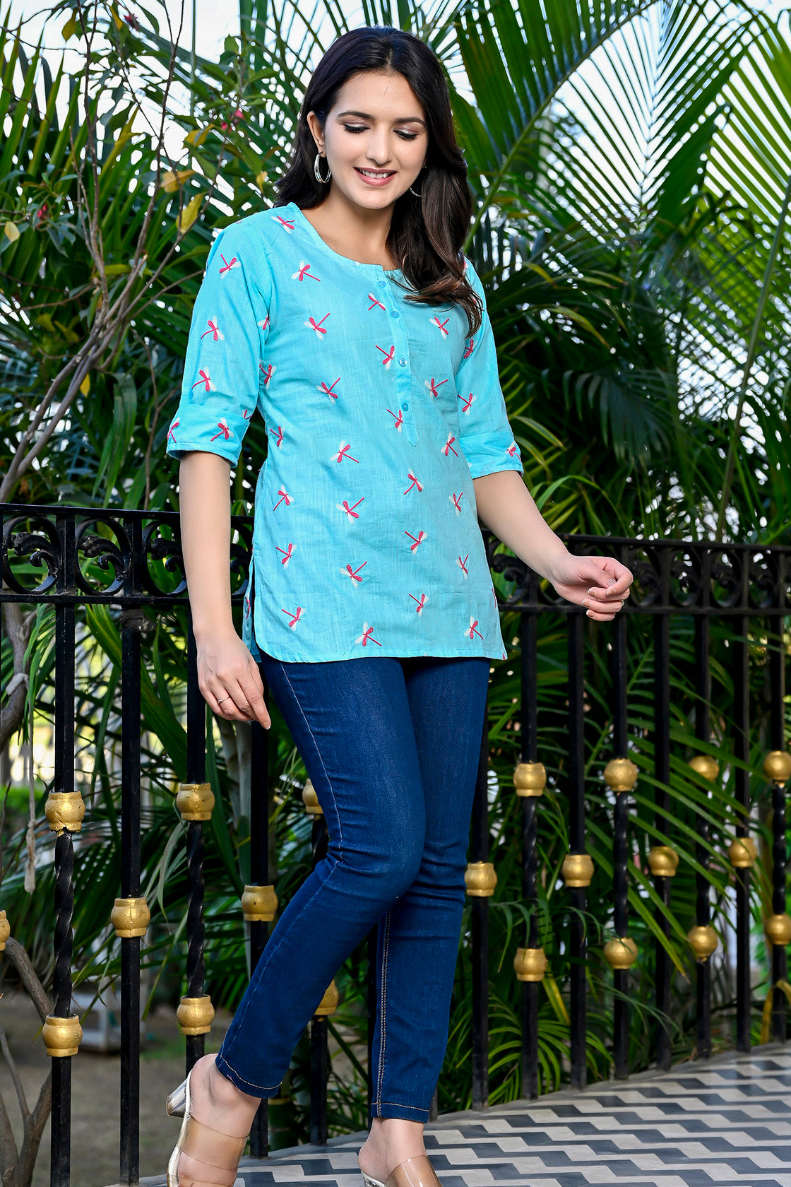 Blue Embroidered Cotton Top