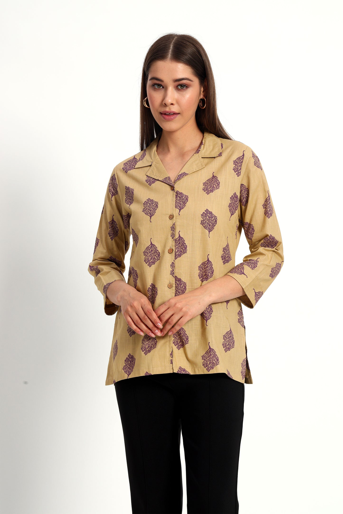 Khaki Printed Lapel Collar Shirt