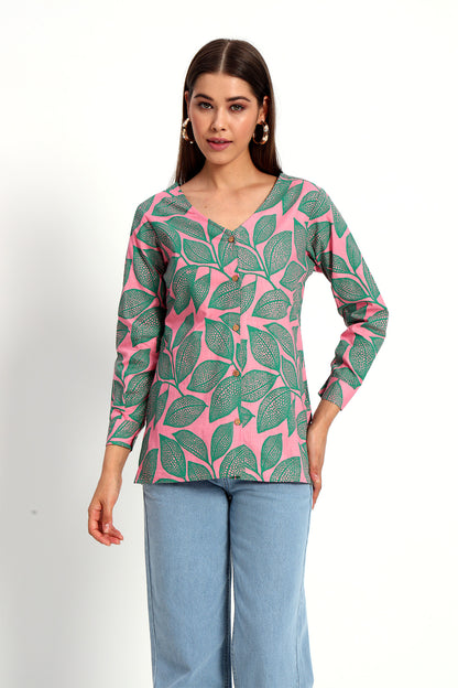 Pink Leafy V Neck Printed Shirt