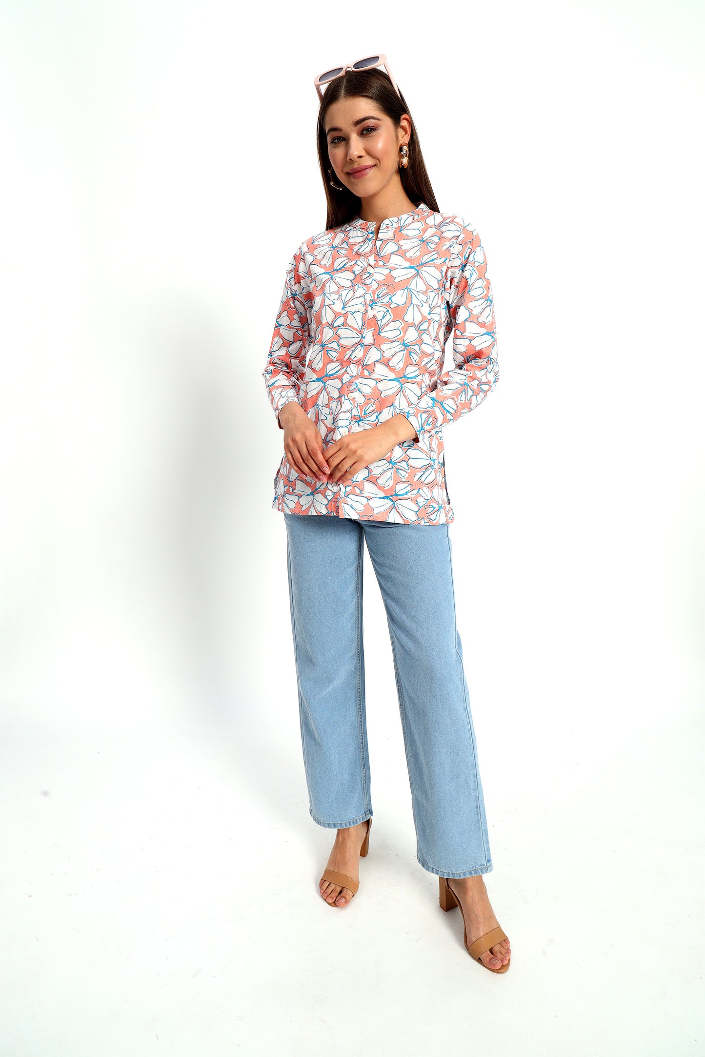 Floral Mandarin Collar Linen Shirt