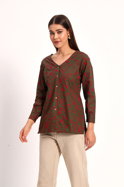 Olive V Neck Printed Shirt