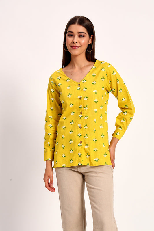 Yellow Floral Print V Neck Shirt