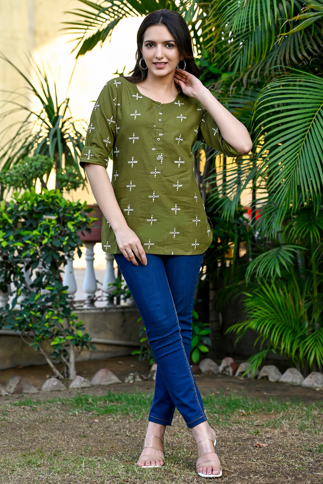 Olive Cotton Embroidered Top