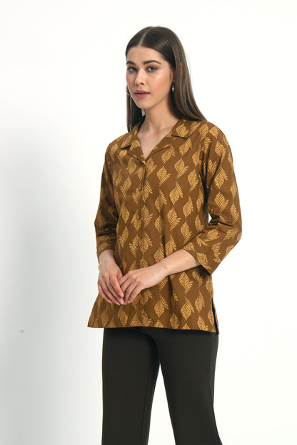 Brown Printed Lapel Collar Shirt