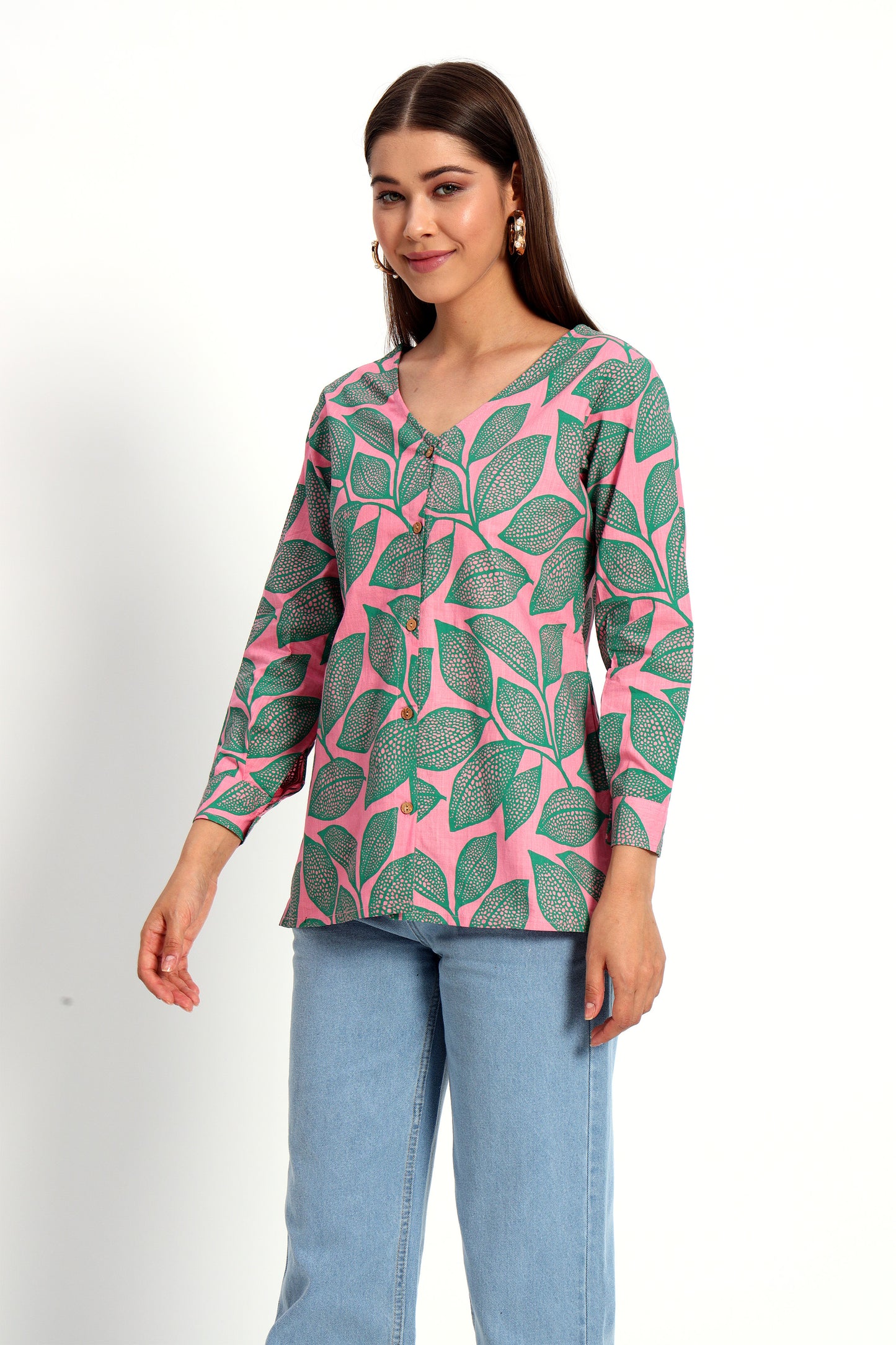 Pink Leafy V Neck Printed Shirt