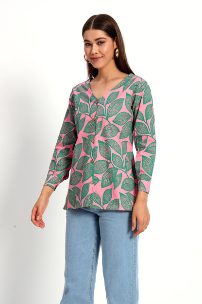 Pink Leafy V Neck Printed Shirt