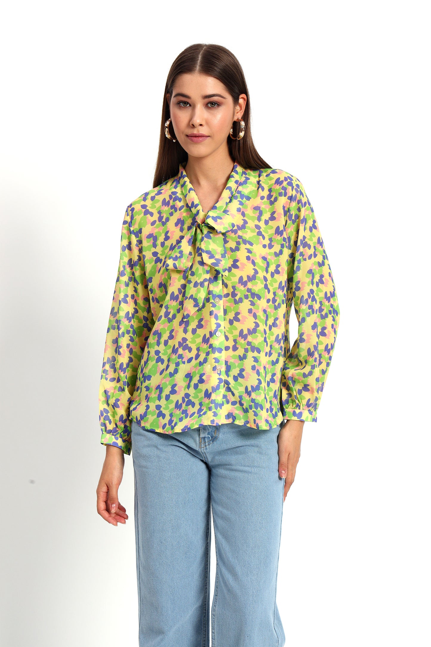 Yellow Petal Print Bow Shirt