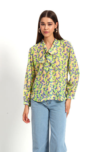 Yellow Petal Print Bow Shirt