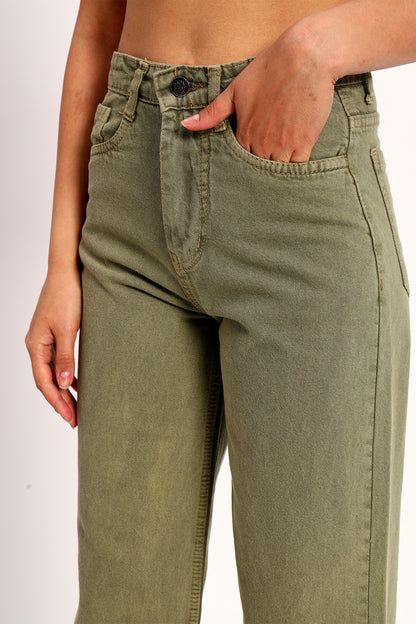 Olive Green Straight Fit Wide Leg Jeans