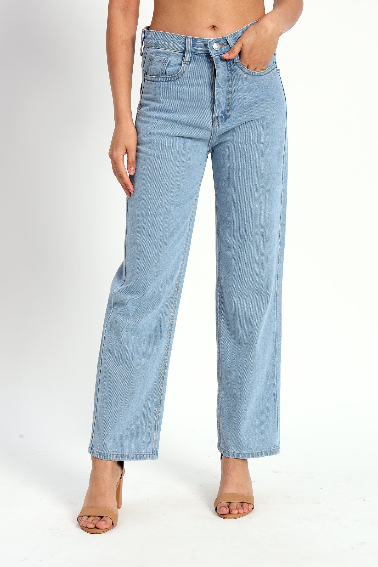 Blue Denim Straight Fit Wide Leg Jeans