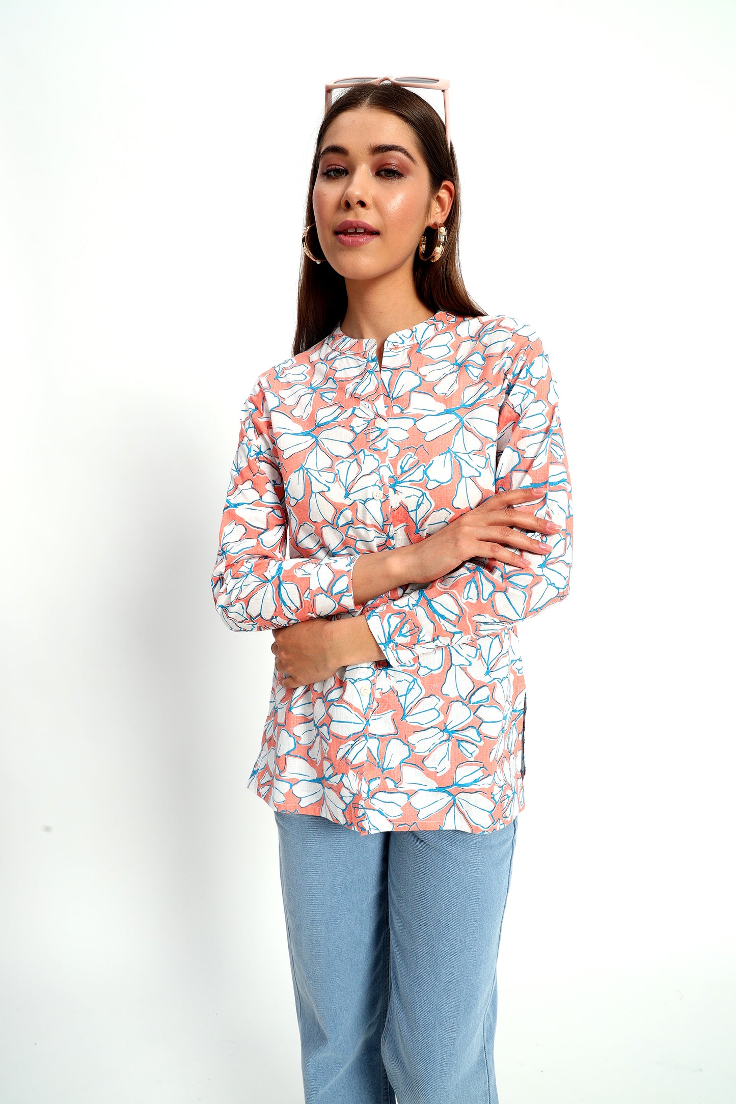 Floral Mandarin Collar Linen Shirt