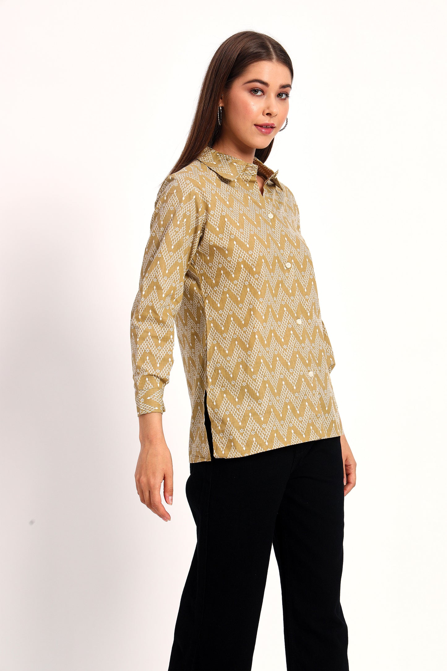 Khaki Zigzag Print Linen Shirt