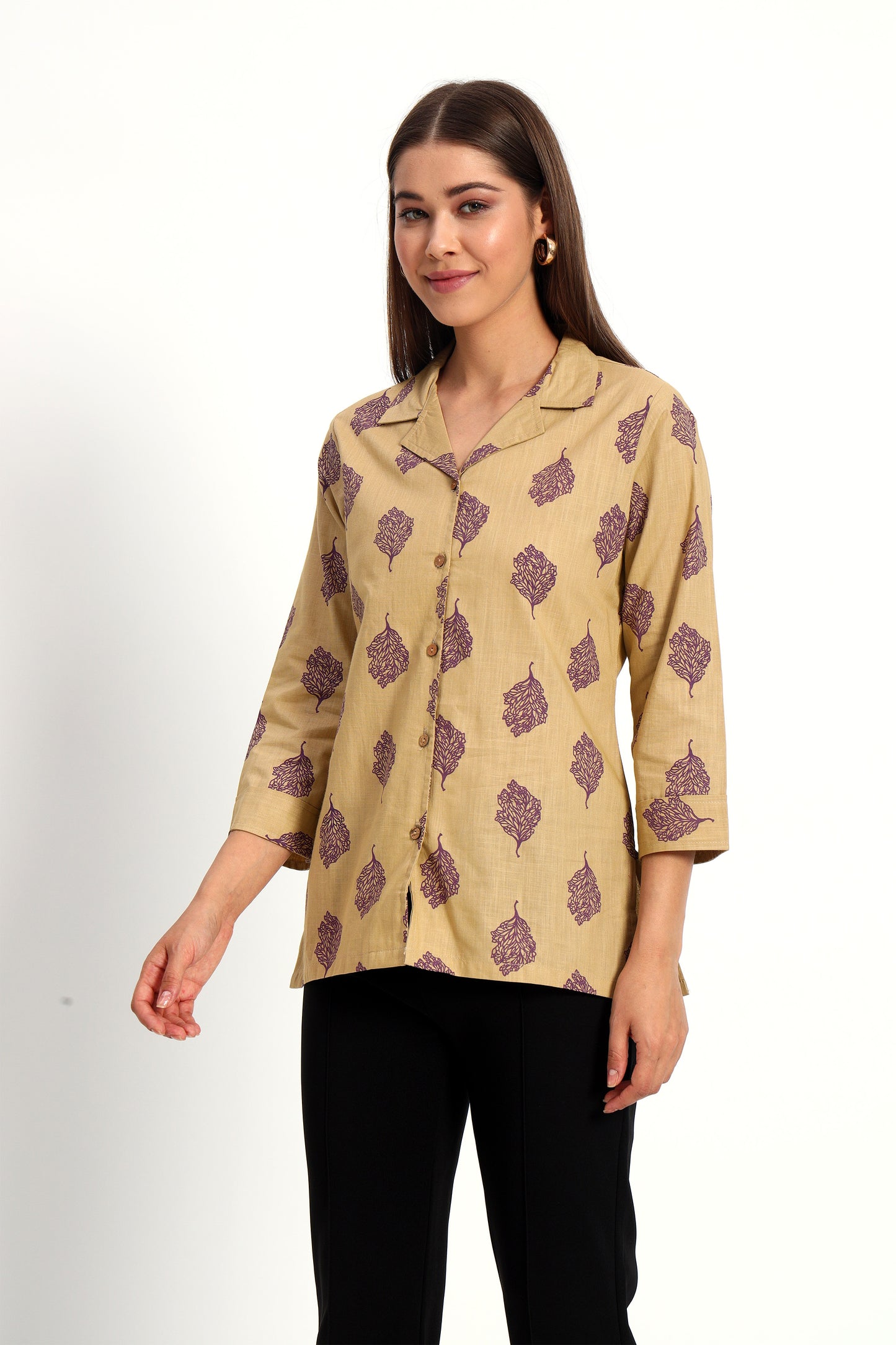 Khaki Printed Lapel Collar Shirt