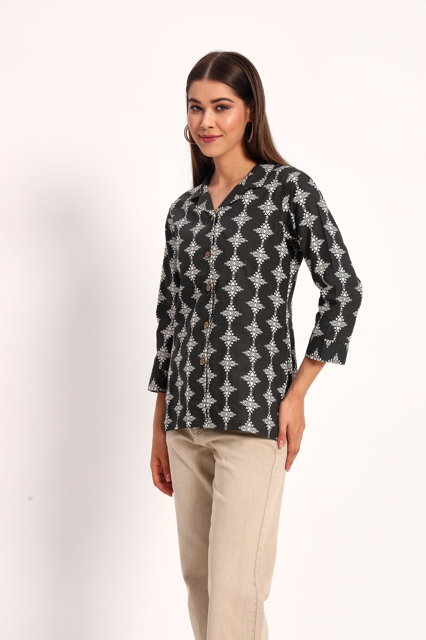 Black Tribal Print Lapel Collar Shirt