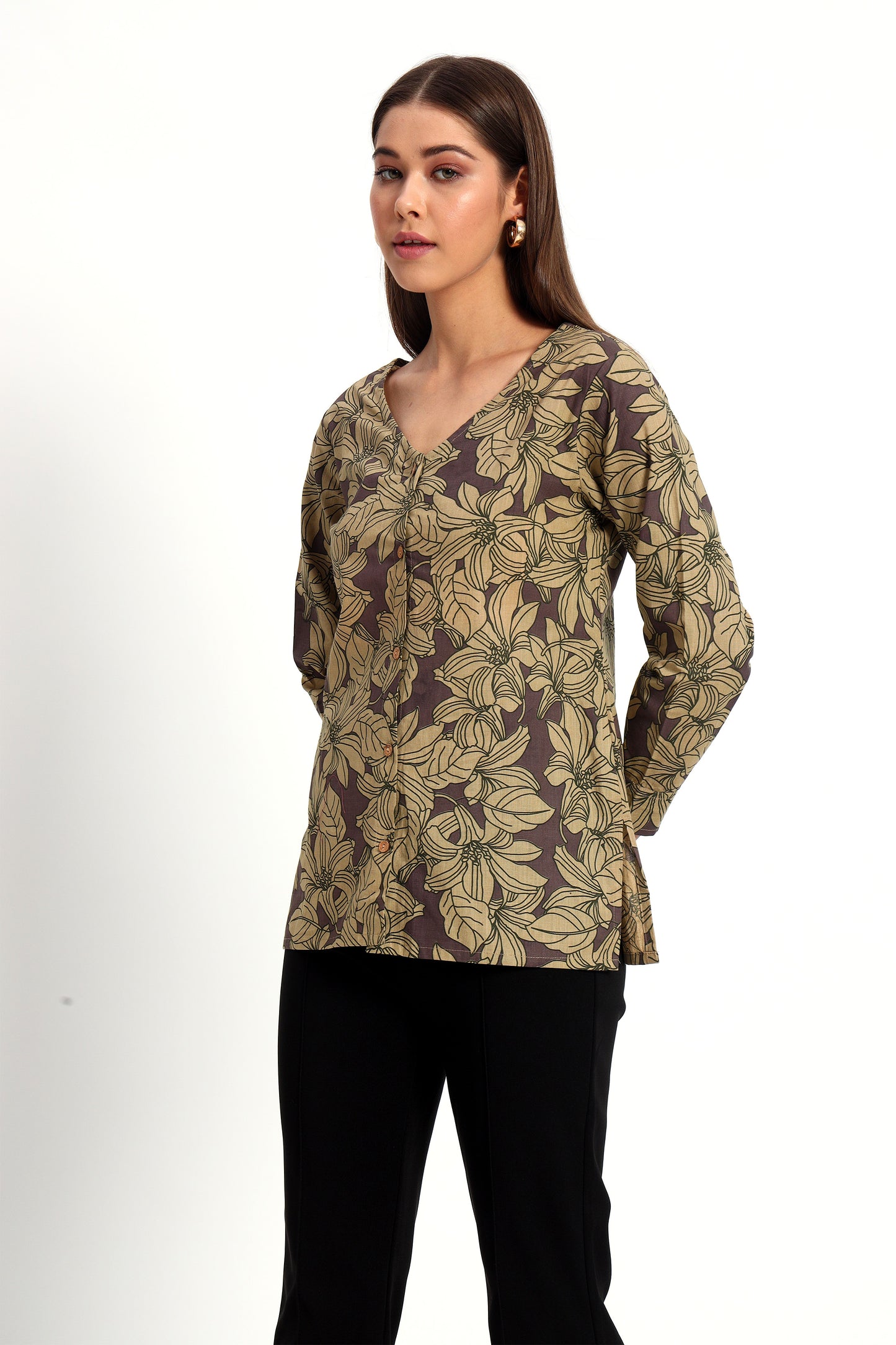 Dusty Plum Floral V Neck Shirt