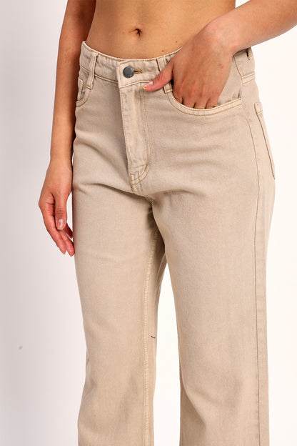 Beige Straight Fit Wide Leg Jeans