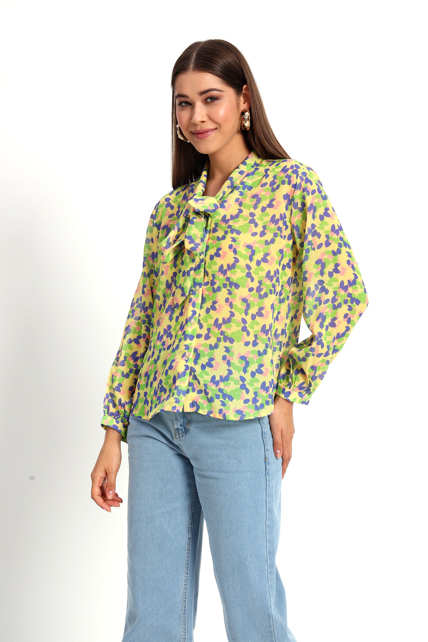 Yellow Petal Print Bow Shirt