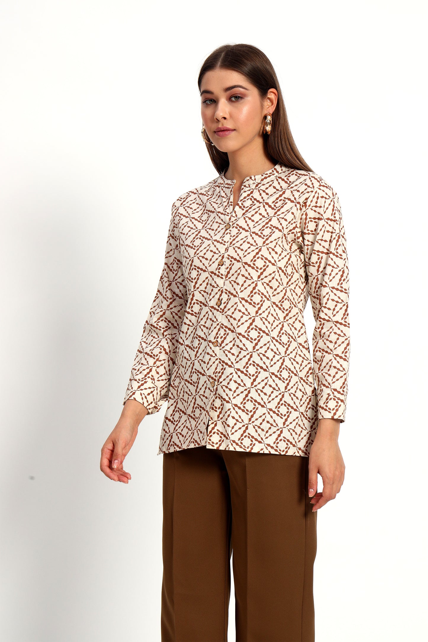 Printed Beige Mandarin Collar Shirt