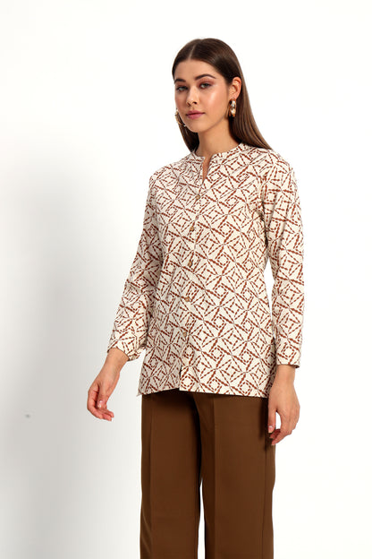 Printed Beige Mandarin Collar Shirt