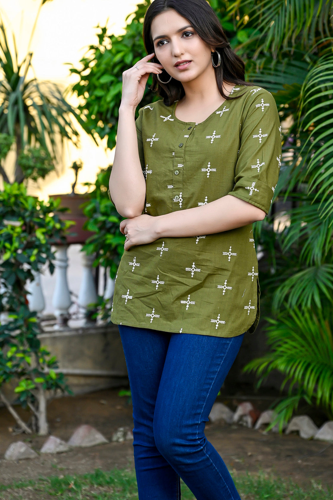 Olive Cotton Embroidered Top