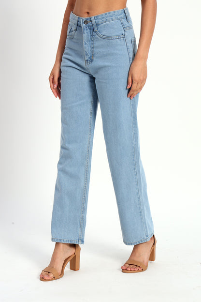 Blue Denim Straight Fit Wide Leg Jeans